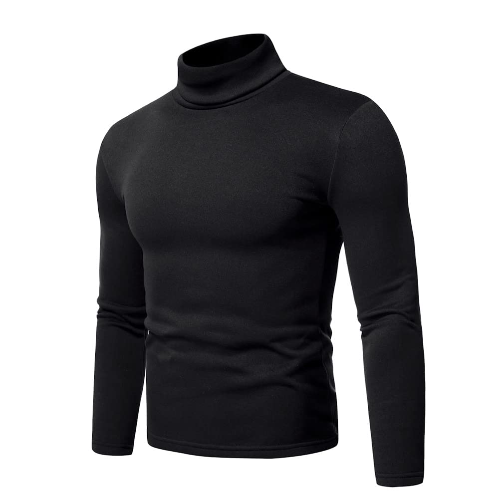 Casual Mens Basic Turtleneck T Shirts Thermal Slim Fit Lightweight Long Sleeve Cotton Pullover Top Black