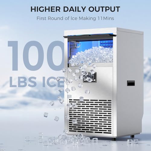 Image of Electactic Commercial Ice Maker Machine,100lbs /24H Stainless Steel Ice Machine,29lbs Storage, Auto Self-Cleaning Freestanding Ice Maker, Ice Machine Freestanding for Bar /Cafe /Restaurant-Brushed Silver