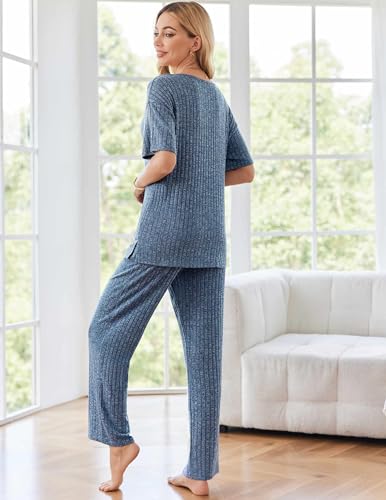 Image of Ekouaer Womens Ribbed Knit Lounge Set Short Sleeve Top and Long Pants Sleepwear Pajama Set Two Piece Matching Outfits Set