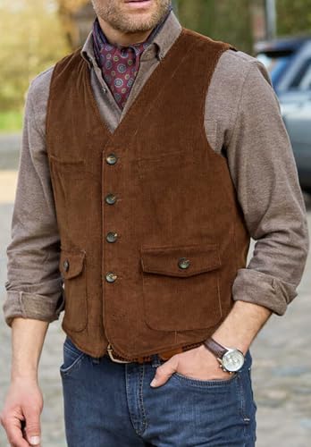 Men's Corduroy Vest Slim Fit Formal V-Neck Denim Waistcoat for Wedding Prom2