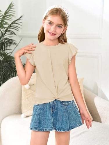 Image of Haloumoning Girls Ruffle Sleeve T Shirts Summer Crewneck Shirt 5-14 Years