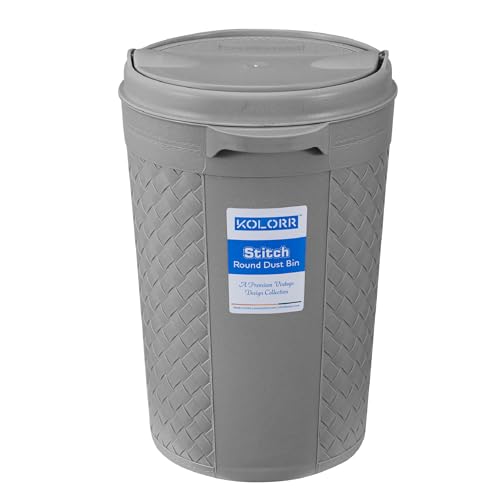 Image of KOLORR Stitch Round Plastic Dustbin with Swing Lid 8.5 Litres, Trash Bin, Garbage Waste Bin For Home, Bathroom, Kitchen, Office, Bedroom Grey Color