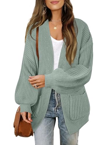 MEROKEETY Women's Chunky Cardigan Sweaters 2025 Lantern Long Sleeve Oversized Knit Outerwear with Pockets, Sage, M