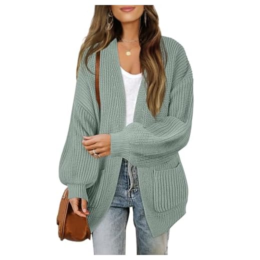 MEROKEETY Women's Open Front Long Lantern Sleeve Cardigan Oversized Chunky Outwear with Pocket Sage