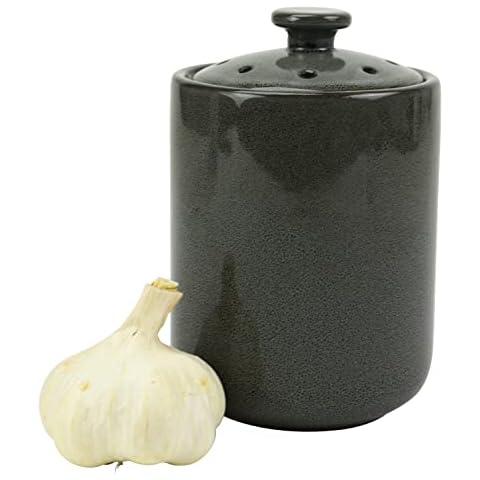Boston Warehouse Stoneware Garlic Keeper Canister, Grey Reactive Glaze Cover