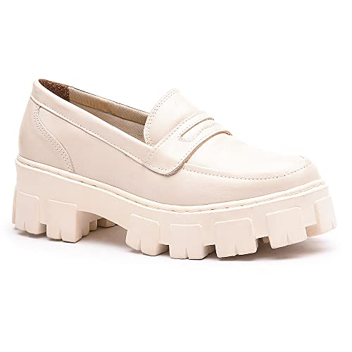 Mocassim Feminino Tratorado Todo Em Couro Legítimo Confortável (Off White, br_footwear_size_system,