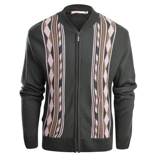 Spindle Men's Classic Grandad Cardigan – Thick Winter Knitwear Jumper with Full Zip Closure, 2 Front Pockets, and Neutral Colours – Quality Zipper Front Design Soft Granddad Cardi Olive M