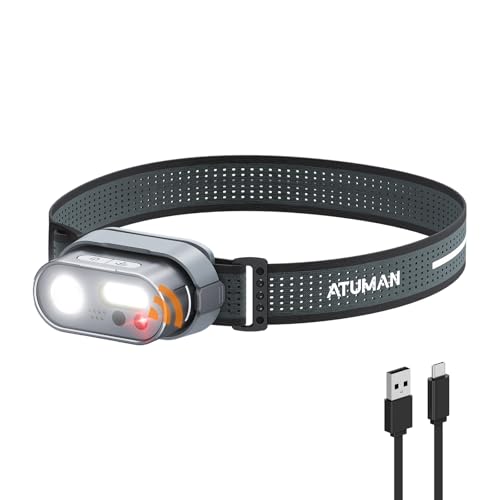 ATuMan MH1 Headlamp Rechargeable, Intelligent Multifunctional Headlight 1 Pack with Red Warning Light and 7 Lighting Modes Lightweight Headlamp with Motion Sensor for Outdoor Camping Hiking Cycling