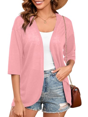 Image of Heymoments Cardigan for Women Pink X-Large Draped 3 /4 Sleeve Open Front Lightweight Casual Soft Drape Summer Fall Kimonos Cardigans