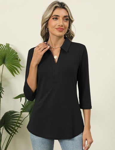 ZHENWEI Women's 3/4 Length Sleeve V-Neck Collared Tops Summer Business Casual Work Polo Shirts 20254
