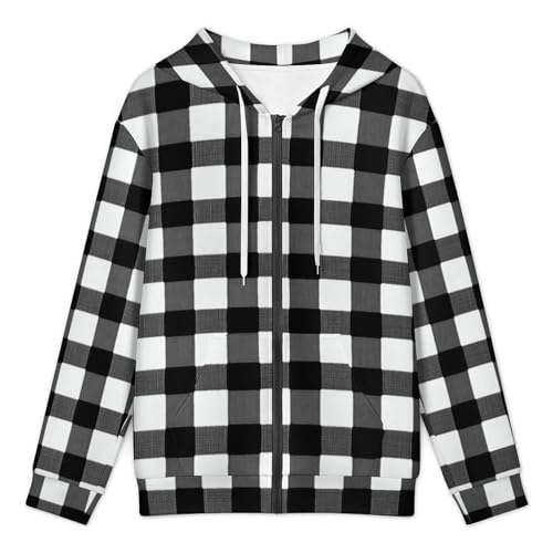 Plaid Black And White Men's Hoodies with Zipper Lightweight Long Sleeve Casual Sweatshirts3
