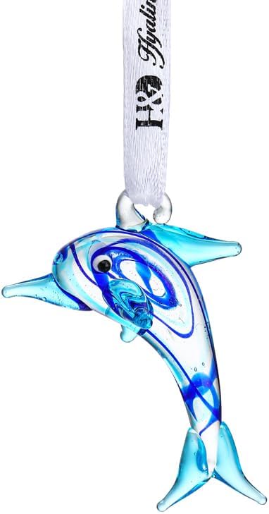 2'' Glass Dolphin Ornament for Christmas Tree, Decorative Hanging Glass Blown Mini Blue Dolphin Figurine Art