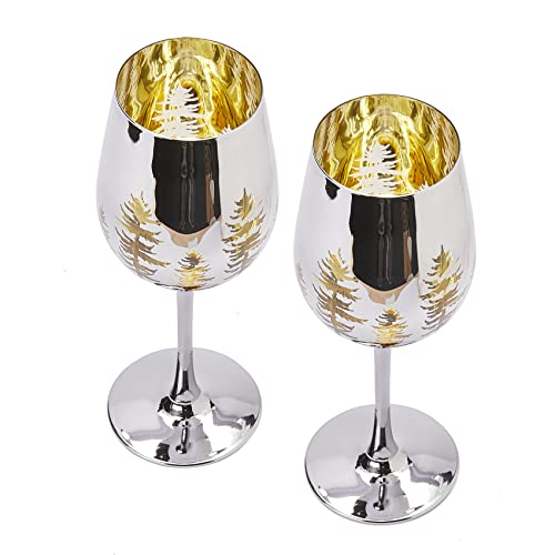 Crystal Winter Tree Wine & Water Glasses - Set Of 2 - Gold Themed Vibrant Etched Winter Snow Wonderland Frosted Glass, Perfect For Themed Parties, Gifts For Him & Her Trees Décor #TOP1