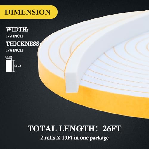 fowong Weather Stripping Door Seal White 1/2 in X 1/4 in Adhesive Door Seal Strip for Window Frame, Soundproof Foam Tape Roll Draft Proof High Density Insulation Strip 2 Rolls X 13 Ft Each, 26Ft - Thumbnail 2