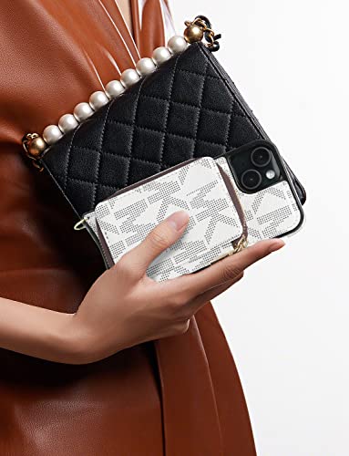 Luxury Wallet Card Holer Case For Iphone 14 Plus 6.7 Inch,Leather Metal Nameplate Protective Case With Crossbody Strap For Women Girls White #TOP6