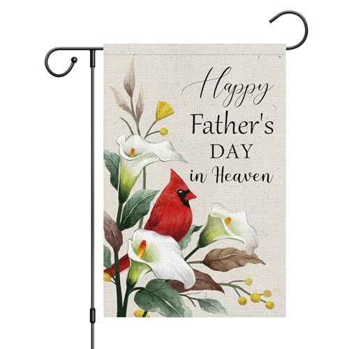 Wodison Happy Fathers Day in Heaven Garden Flag 12x18 Inch Double Sided Burlap Cardinal Flower Dad Memorial Garden Flag for Father's Day Grave Cemetery Decorations