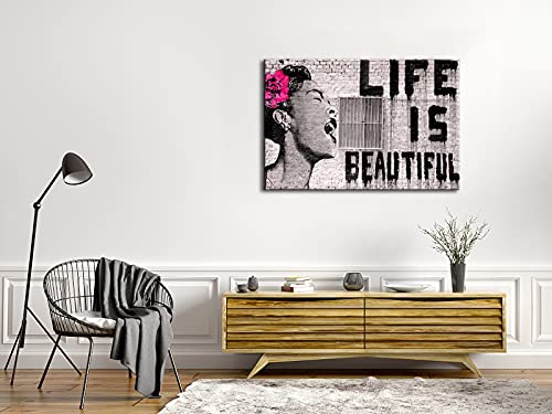 Pyradecor Large Banksy Life is Beautiful Artwork Modern Grey Love Pictures Paintings Canvas Wall Art for Bedroom Living Room Home Office Decorations by Pyradecor - Used condition - Image 5