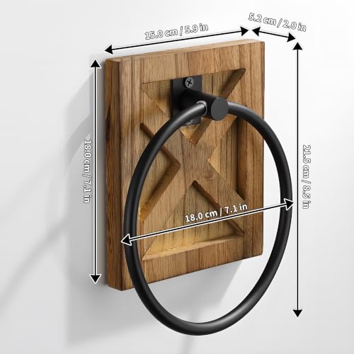 Image of SUNTECH Farmhouse Towel Ring, Wall Mount Hand Towel Holder with Wooden Base | 180 Swivel Design, Matte Black Metal, Rust & Moisture Resistant, Screw Mounting, for Bathroom, Kitchen, Laundry Room, RVs