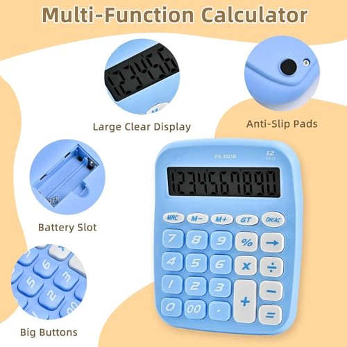 Image of Calculator, 12 Digit Big Buttons Easy to Press Office Calculator for Desk, Large Display Adding Machine (Blue)