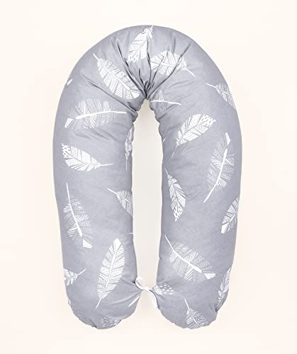 LOOLAY Schwangerschaftskissen - Stillkissen 170 cm - Seitenschläferkissen 100% Baumwolle - mit Abnehmbarem Bezug - Ergonomisches Schwanger Kissen für Schlafen (Feder Grau)