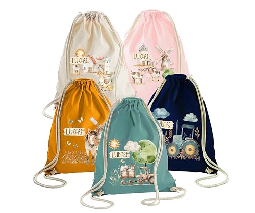 wolga-kreativ Turnbeutel Bauernhof Kinder – Traktor, Tiere, Pferd, Dorf & Hühner – Steffbeutel Junge & Kindertasche Mädchen – Sportbeutel mit Namen – Turnsaeckchen Kindergarten