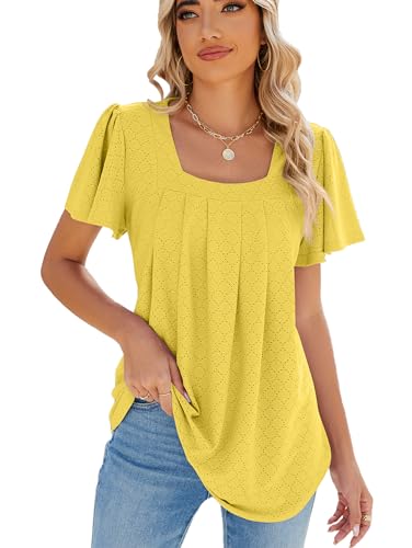 Image of Famulily Women's Pleated Square Neck Ruffle Sleeve T Shirts Loose Fit Blouses Shirts Summer Hollow Tops (L, Yellow)