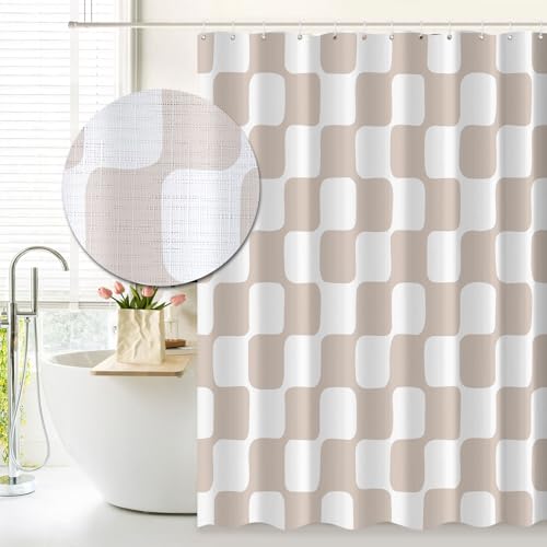 Image of Tititex Retro Checkerboard Grid Pattern 140gsm Faux Linen Fabric Shower Curtain, Cream White Classical Groovy Wavy Checkered Shower Curtain Sets Decoration 72x78 Inch with Hooks