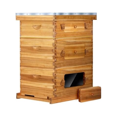BeeCastle 10-Frame Langstroth Beehive with Windows, Beeswaxed Coated Bee Hive for Beginners with Beehive Frames and Waxed Foundations (2 Deep Bee Boxes & 1 Medium Super Bee Box) Cover
