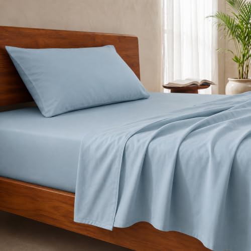 Image of LANE LINEN 100% Organic Cotton Bedsheet for Single Bed - French Blue | GOTS Certified, Percale Weave, 60x90 inches, Soft & Breathable, Machine Washable, Includes 1 Pillow Cover