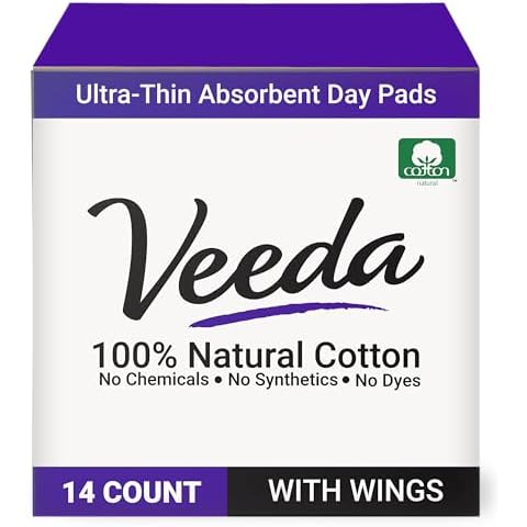 Veeda Natural Cotton Day Pads for Women - Heavy Flow Absorbent Ultra-Thin Feminine Pads with Wings - Hypoallergenic Period pads - Unscented & Chlorine free Sanitary Napkins - 14 Count Cover