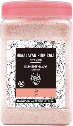 Soeos Himalayan Pink Salt, Fine Grain, 80oz (5 Pound), Non-GMO Himalayan Salt, Kosher Salt, Pink Himalayan Sea Salt Fine