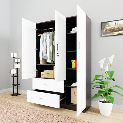 Image of VIKI Wardrobe | Wooden Almirah for Clothes,Door for Bedroom, 3 Door Wardrobe with Drawer & Hanging Space (Dark Wenge, Frosty White - 40D x 120W x 180H) | 1 Year Warranty | Free Assembly