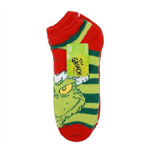 Bioworld The Grinch Chenille Meias de cano curto para adultos (pacote com 3), Multicolorido., Tamanh