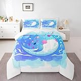Niedliches Narwal-Bettwäsche-Set Queen für Kinder, Jugendliche, Ranibow Einhorn-Bettwäsche-Set, Geschenke für Mädchen, Cartoon-Ozeanwal-Bettbezug, blaue Batik-Steppdecke, nautisches Ozean-Thema,