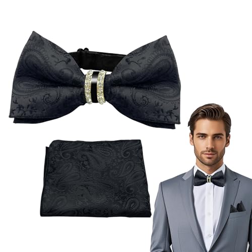 SwirlColor Pajaritas Hombre Juego de Corbata Negra y Pañuelo de Bolsillo con Caja de Regalo Patrones Elevados de Doble Capa Corbatas de Lazo Pre-Atadas para El Cuello 2 Piezas
