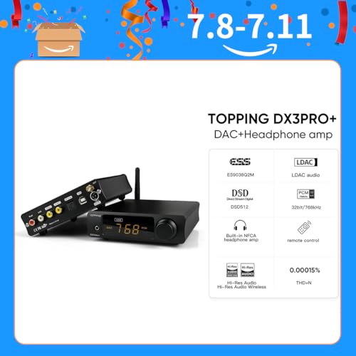 Image of TOPPING DX3 Pro+ NFCA LDAC Headphone Amplifier, ES9038Q2M Audio DAC Amp, Bluetooth /USB /Optical /Coaxial Input RCA /3.5mm Headphone Amplifiers Preamp (Black)