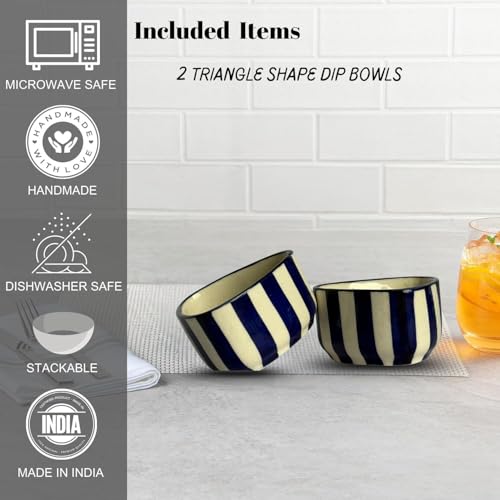 Image of Yourowndcor Handcrafted Blue Striped Ceramic Dip Bowls Set of 2 | Elegant Snack & Sauce Bowls | Microwave Safe, 50 ml Each