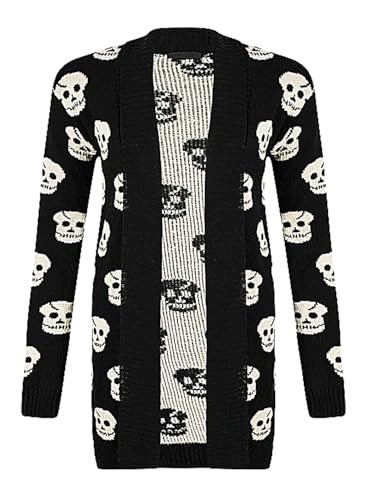Girls Kids Boys Unisex Gothic Open Cardigan Skull Halloween Skull Drape Knitting Patterned Knitwear Open Long Sleeve Sweater