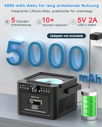 Greadio CD Player Tragbar, Boombox Kassettenspieler mit UKW Radio, Bluetooth 5.1, 5000mAh wiederaufladbare Akku, Fernbedienung, AUX/USB/SD Karte-In, 5W Lautsprecher, LED Bildschirm (Schwarz)