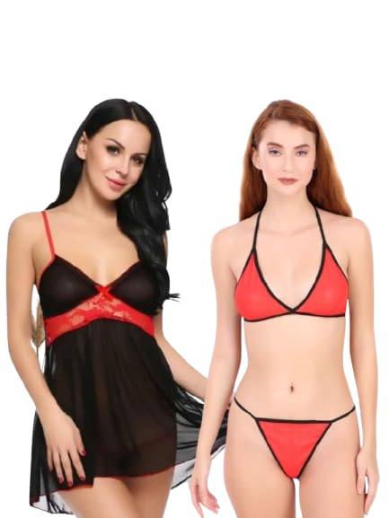 Nighty Lingerie for Women Nightwear Above Knee Baby Doll Dress Nightgown Deep Open Back Bodysuit (Pack of 2)-image-12