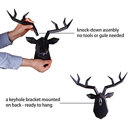 Deer Head Wall Decor Geometrical Black Deer Antlers Wall Sculpture Faux Taxidermy Resin Wall Animal Head 14X5.5X11 Inches #TOP4