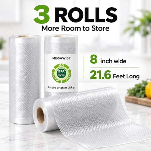 MegaWise 3 Rolls of Vacuum Sealer Machine Bags, 8 inch wide and 21.6 Feet Long for Megawise & other brand vacuum sealers Perfect for Meal Prep and Sous Vide Cooking by MEGAWISE - Used condition - Image 2