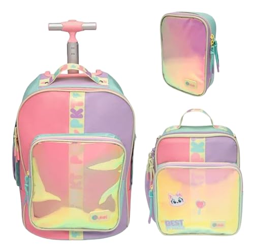 Kit Color Block Menina: Mochila C/Rodinha Grande + Lancheira + Estojo Grande - Puket Multicolorido Colorblock