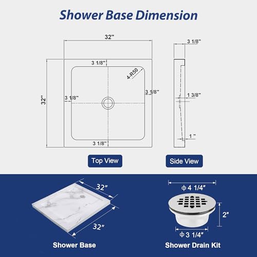 Image of KPUY 32'' X 32'' Shower Base Pan with Center Drain, Carrara White
