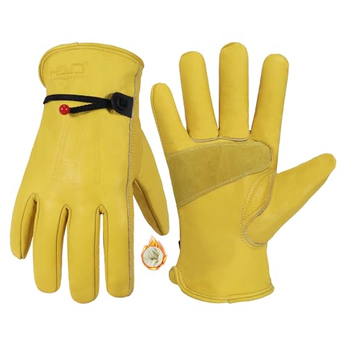 HANDLANDY Winter Work Gloves for Men Women, Water Repellent Cold Weather Insulated Genuine Leather Work Gloves Yellow Large