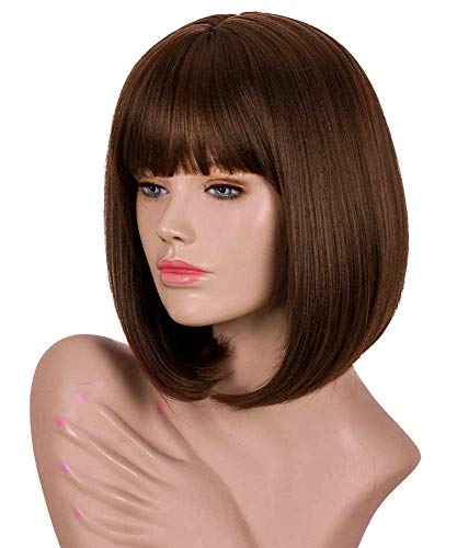 Perruque courte avec frange pour femme - Longueur d'épaule - 30,5 cm - Résistante à la chaleur - Perruque synthétique douce et raide - Pour Halloween, cosplay, fête (marron foncé) Cover