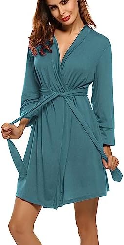 HOTOUCH Womens Soft Kimono Cotton Short Bath Robe Sleepwear Loungewear Blue Green, Small