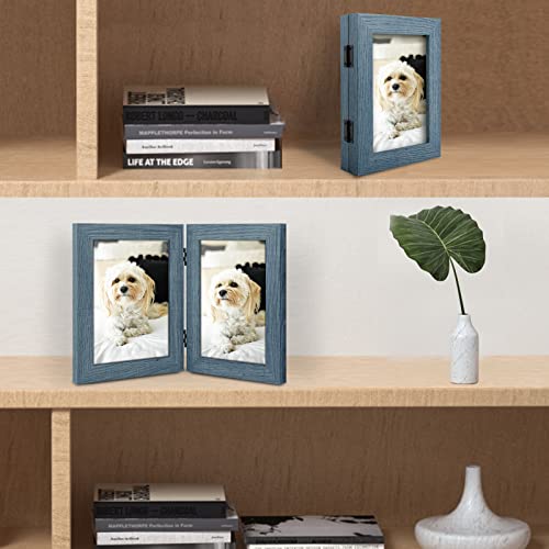 Frametory, 5X7 Double Picture Frame Hinged 2 Photos Frame Collage, Desk Picture Frame With Glass, Side By Side Frame Vertical (Blue, 1 Pack) #TOP4