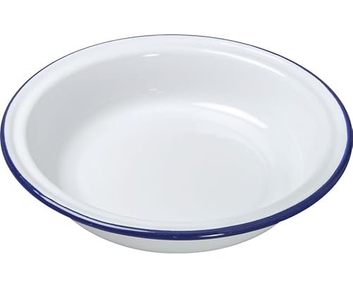 Premium Quality Traditional Enamel White Blue Trim Rice Plate, Pasta Plate, Bowl, Dinner Plate, Round Pie Plate, Soup Plate, Mixing Bowl, Deep Dish Tableware Crockery (Round Pie Dish 24cm)