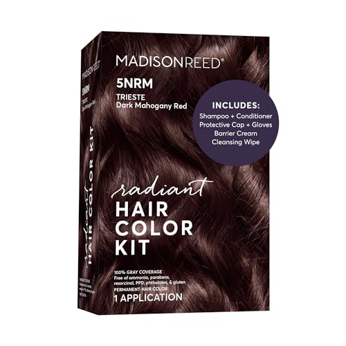 Image of Madison Reed Radiant Hair Color Kit, Permanent Hair Dye, 100% Gray Coverage, Ammonia-Free, Trieste Red 5NRM Dark Mahogany red, Pack of 1